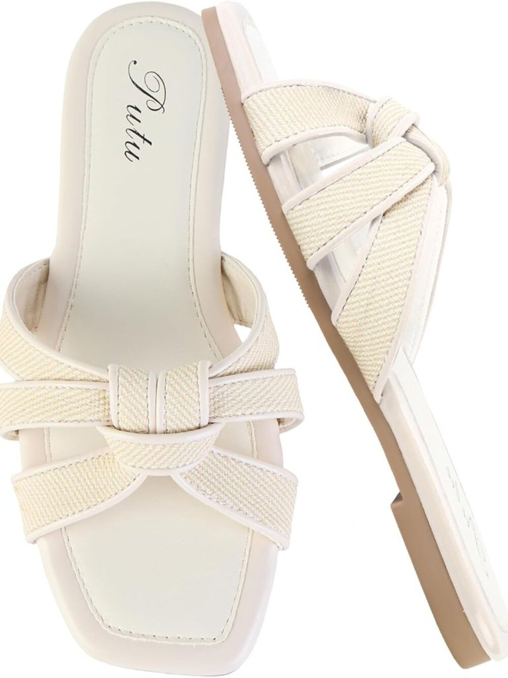 🆕Women's Beige Flat Sandals Square Toe Slide Sandals Cute Braided for Vacation